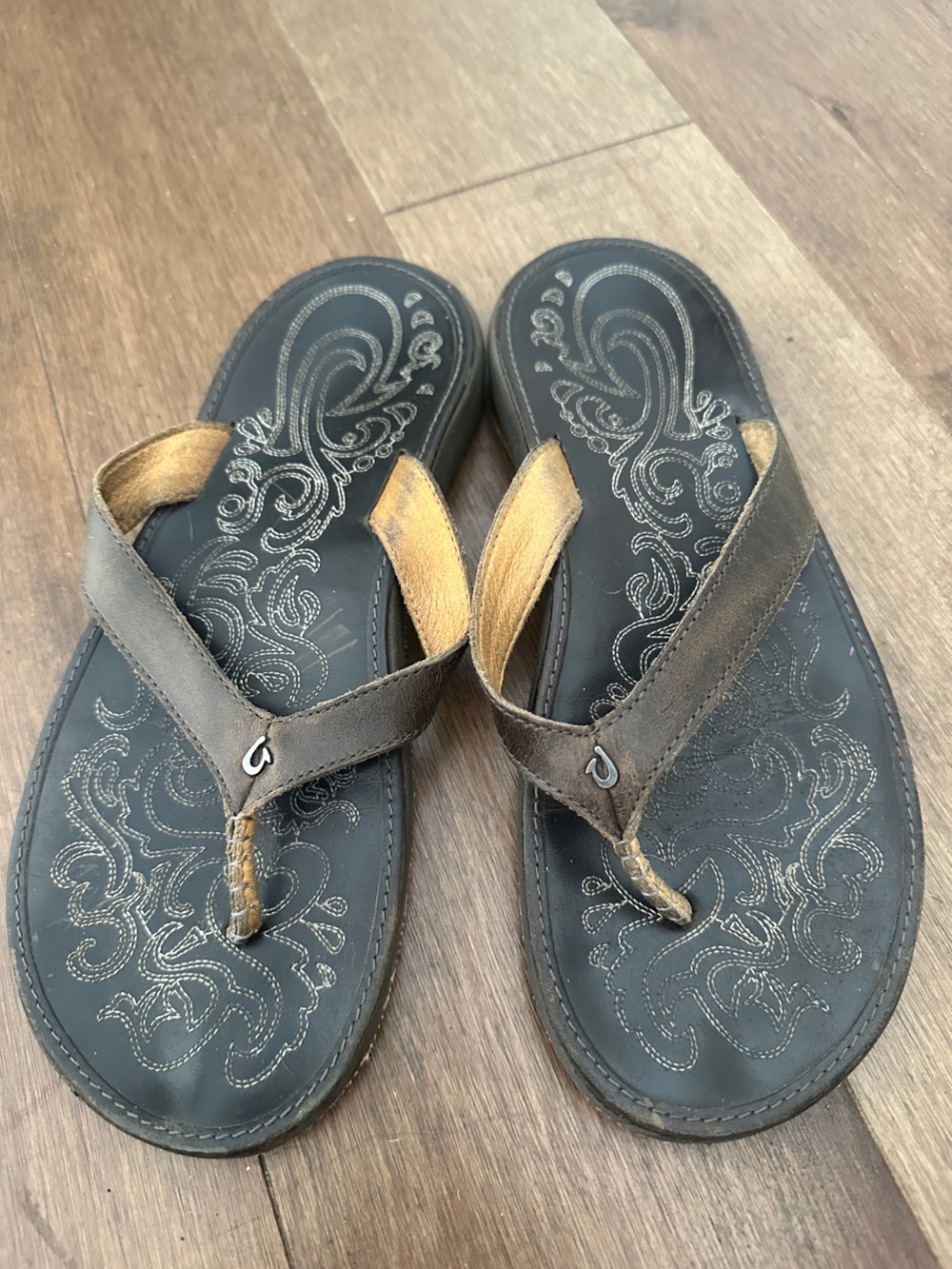 OluKai Brown Leather Thong Sandals with Embroidered Footbed